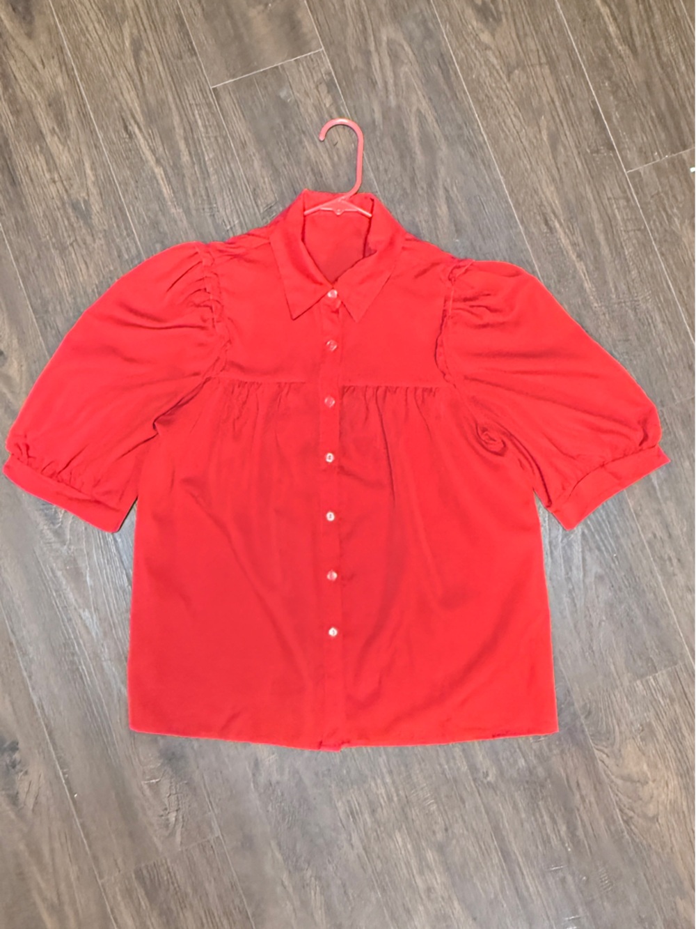 SHEIN RED BUTTON DOWN SHORT POOF SLEEVES COLLAR pleated front
